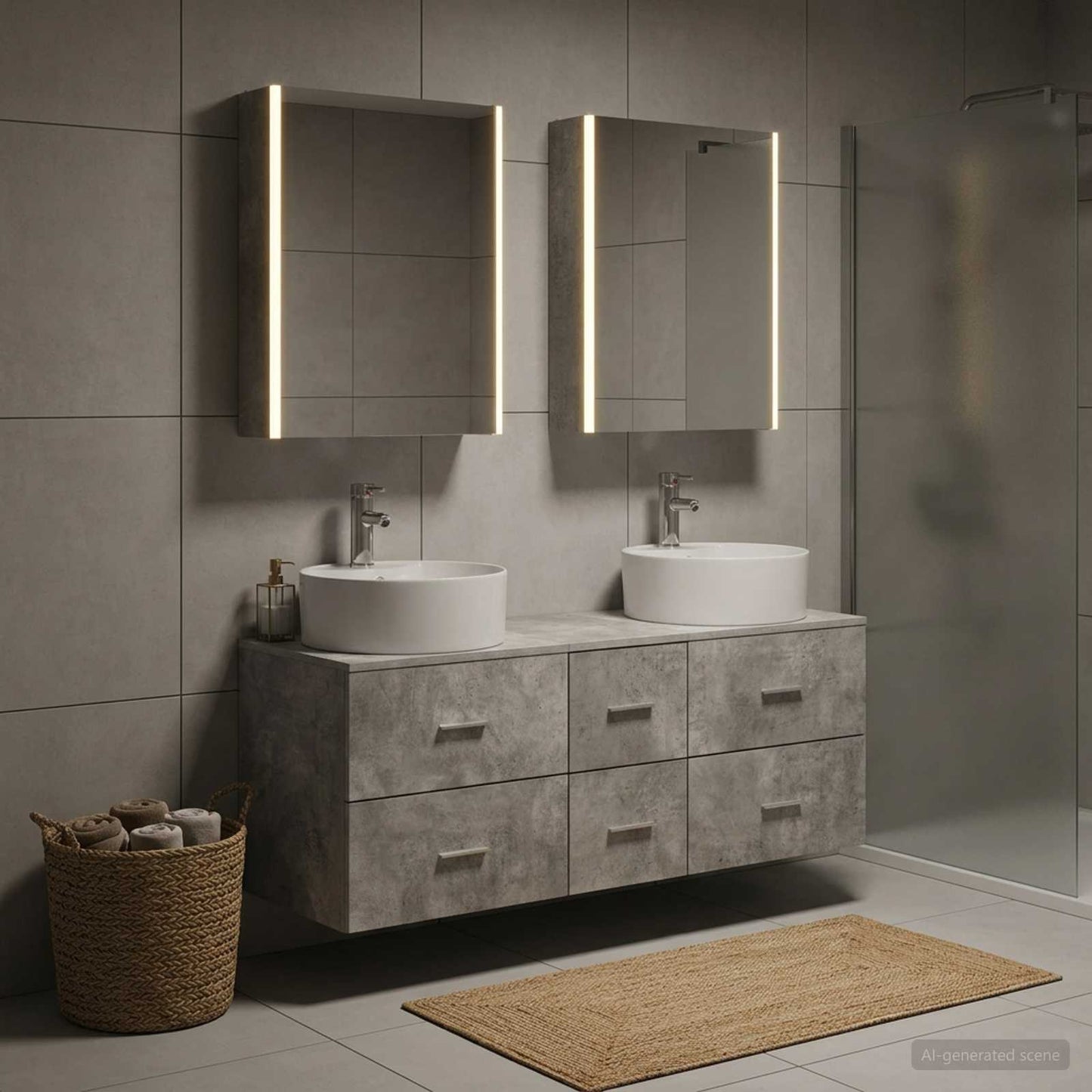 Badezimmermöbel-Set 5 stk. Betongrau Ingenieurholz und Glas