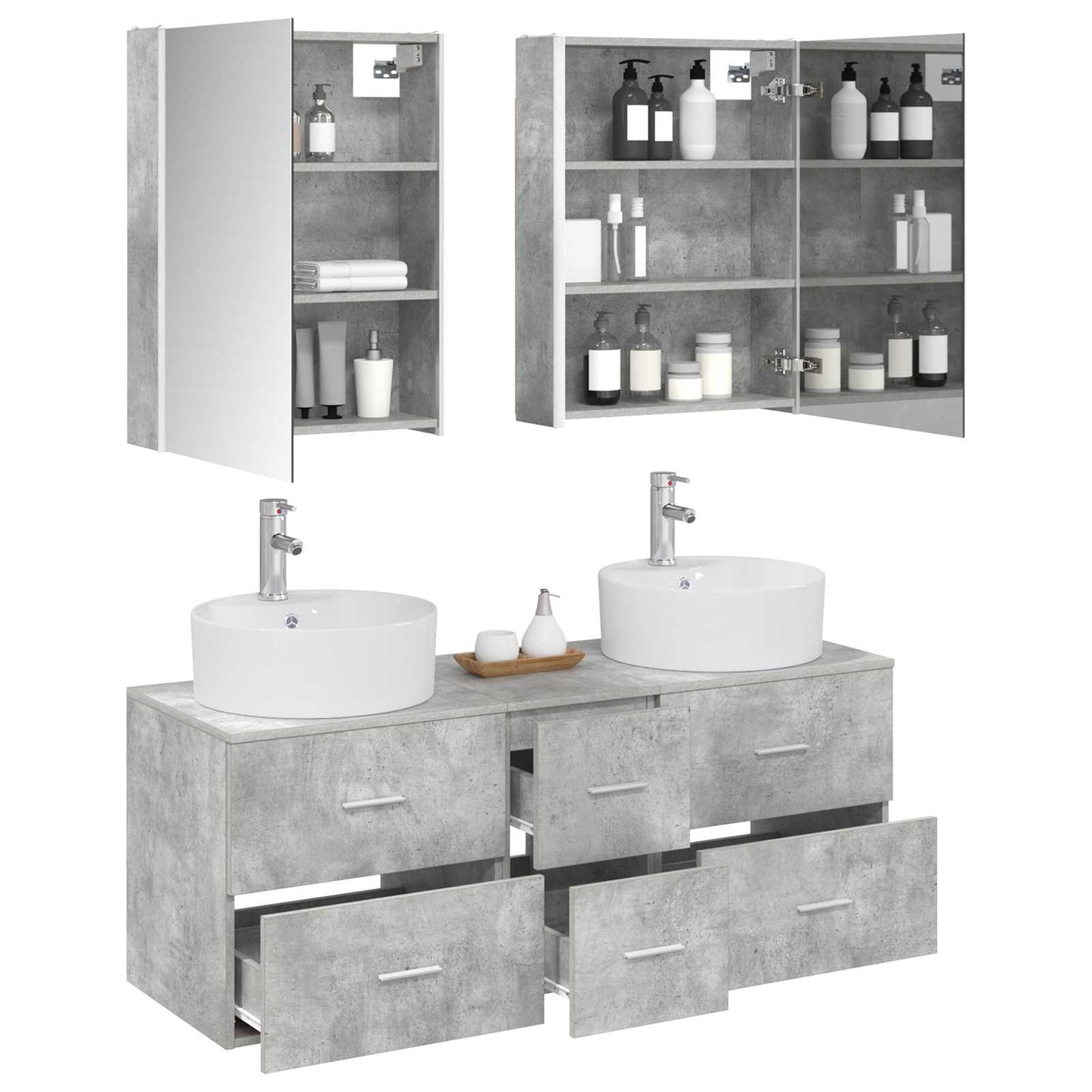 Badezimmermöbel-Set 5 stk. Betongrau Ingenieurholz und Glas