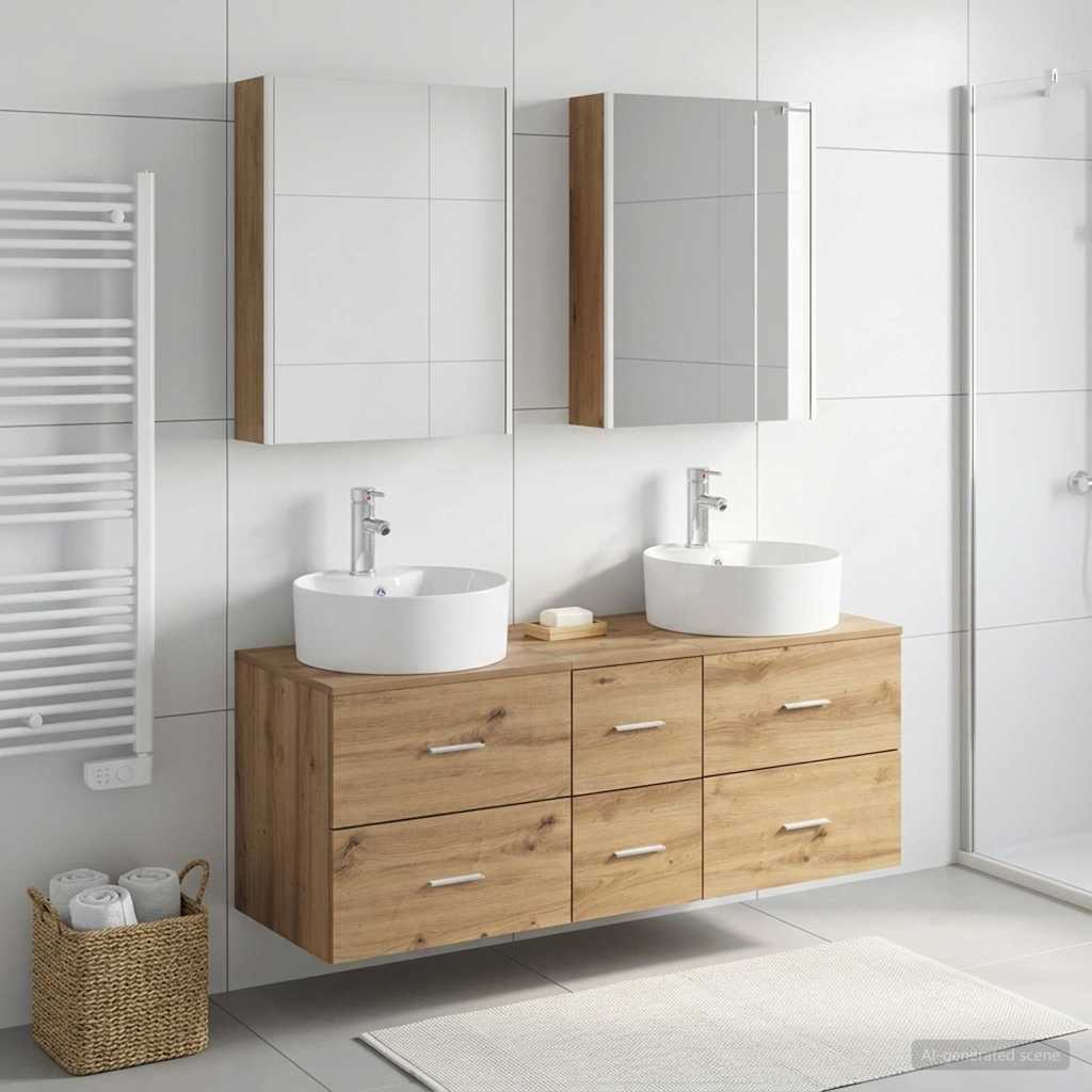 Badezimmermöbel-Set 5 stk. Artisan-Eiche Ingenieurholz und Glas