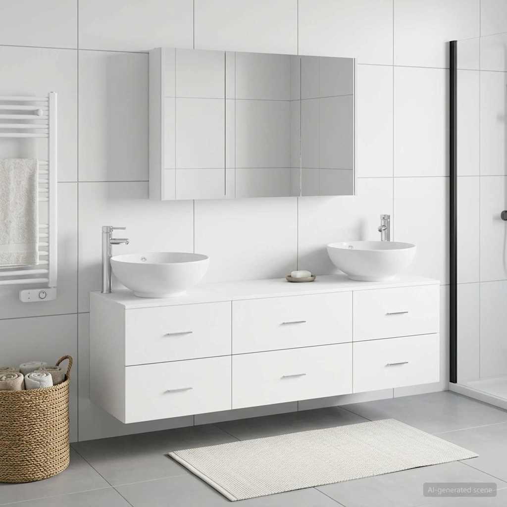 Badezimmermöbel-Set 4 stk. Weiß Ingenieurholz und Glas