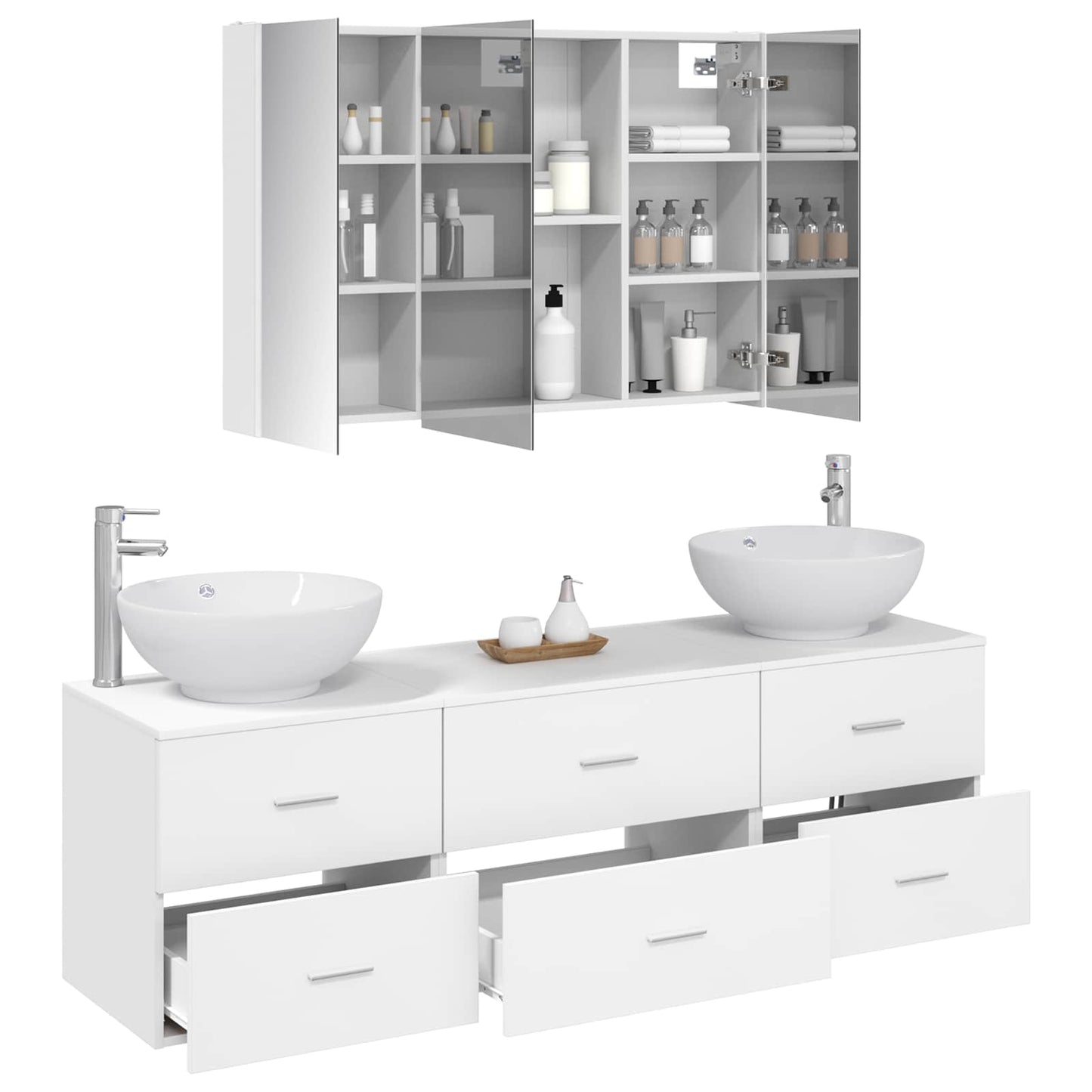 Badezimmermöbel-Set 4 stk. Weiß Ingenieurholz und Glas