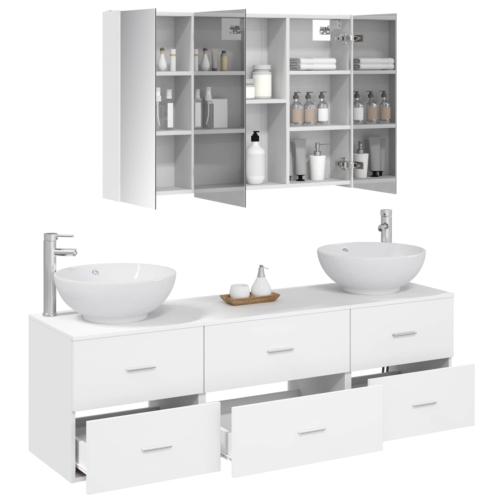 Badezimmermöbel-Set 4 stk. Weiß Ingenieurholz und Glas