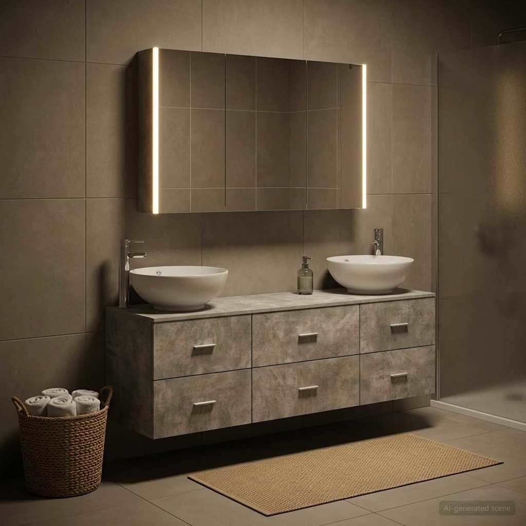 Badezimmermöbel-Set 4 stk. Betongrau Ingenieurholz und Glas