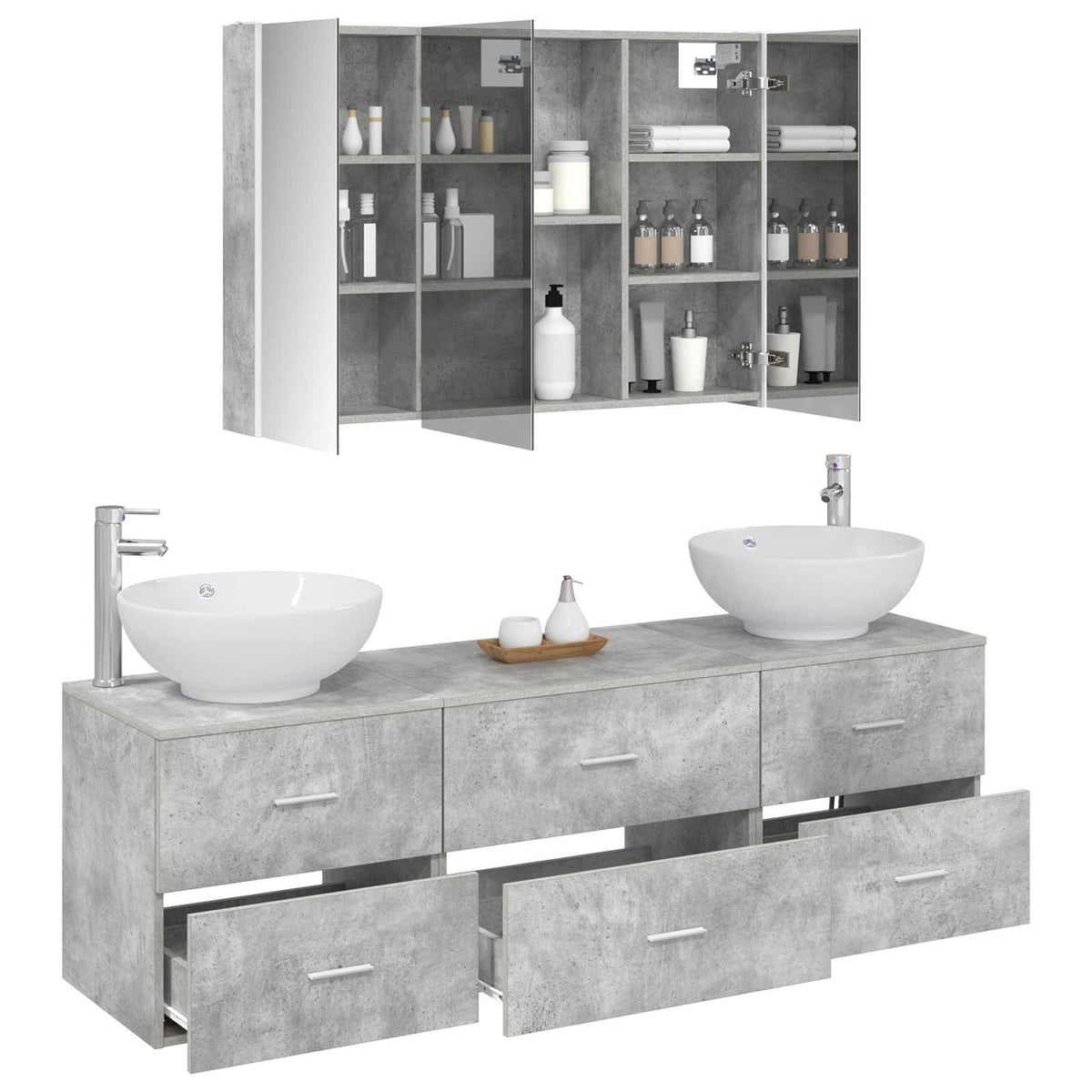 Badezimmermöbel-Set 4 stk. Betongrau Ingenieurholz und Glas