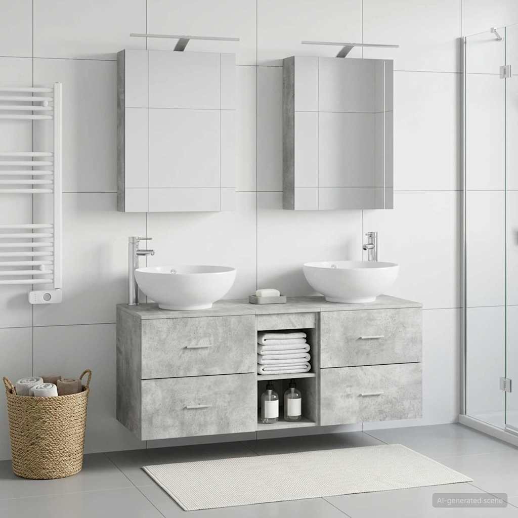 Badezimmermöbel-Set 5 stk. Betongrau Ingenieurholz und Glas