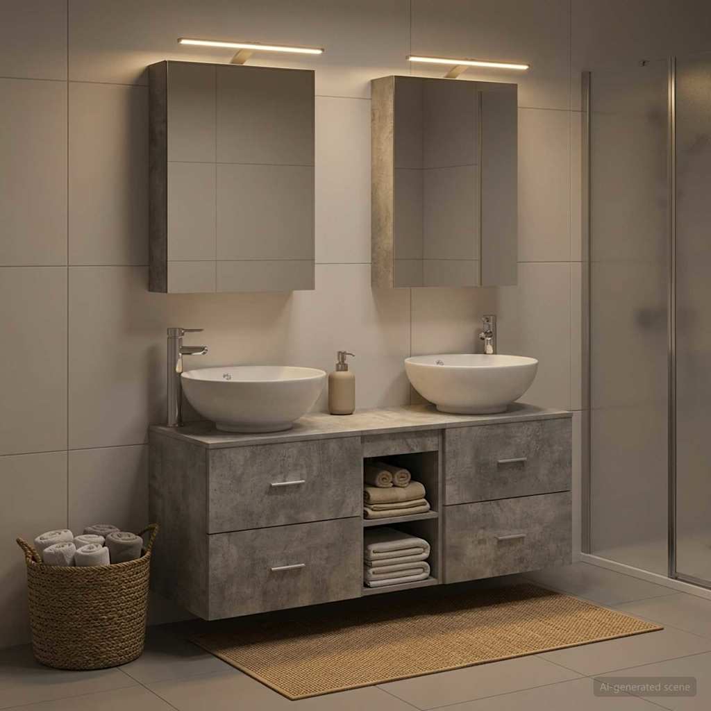 Badezimmermöbel-Set 5 stk. Betongrau Ingenieurholz und Glas