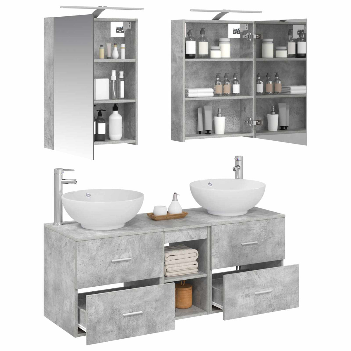 Badezimmermöbel-Set 5 stk. Betongrau Ingenieurholz und Glas