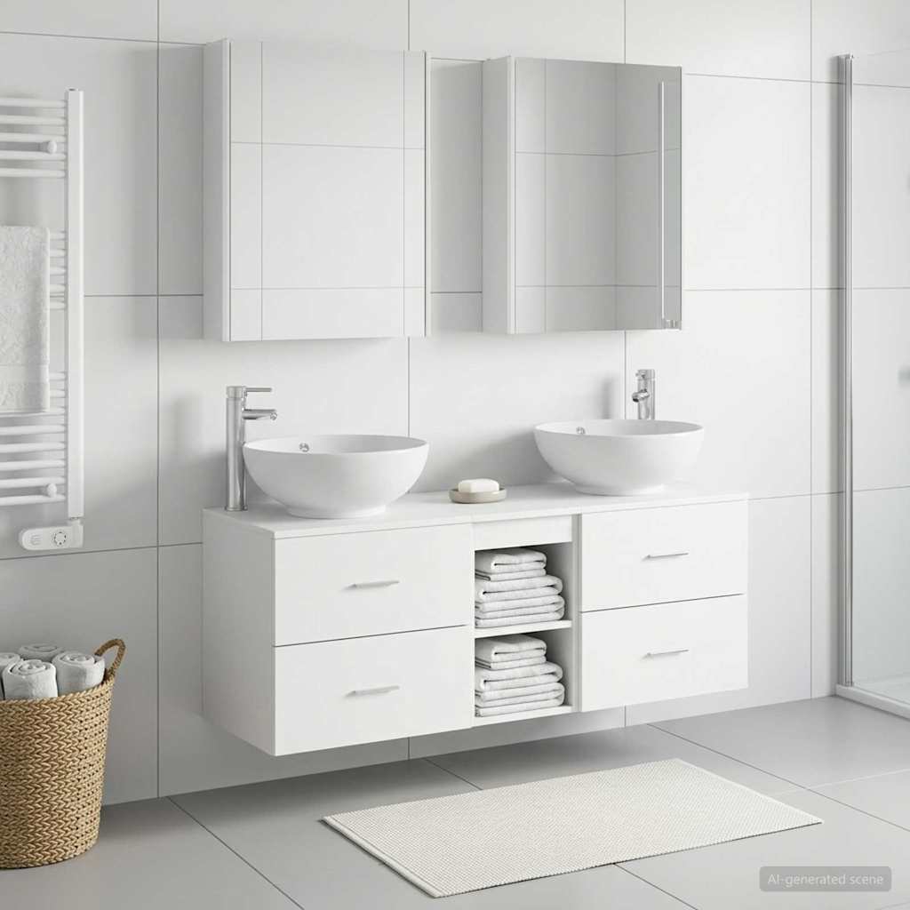 Badezimmermöbel-Set 5 stk. Weiß Ingenieurholz und Glas