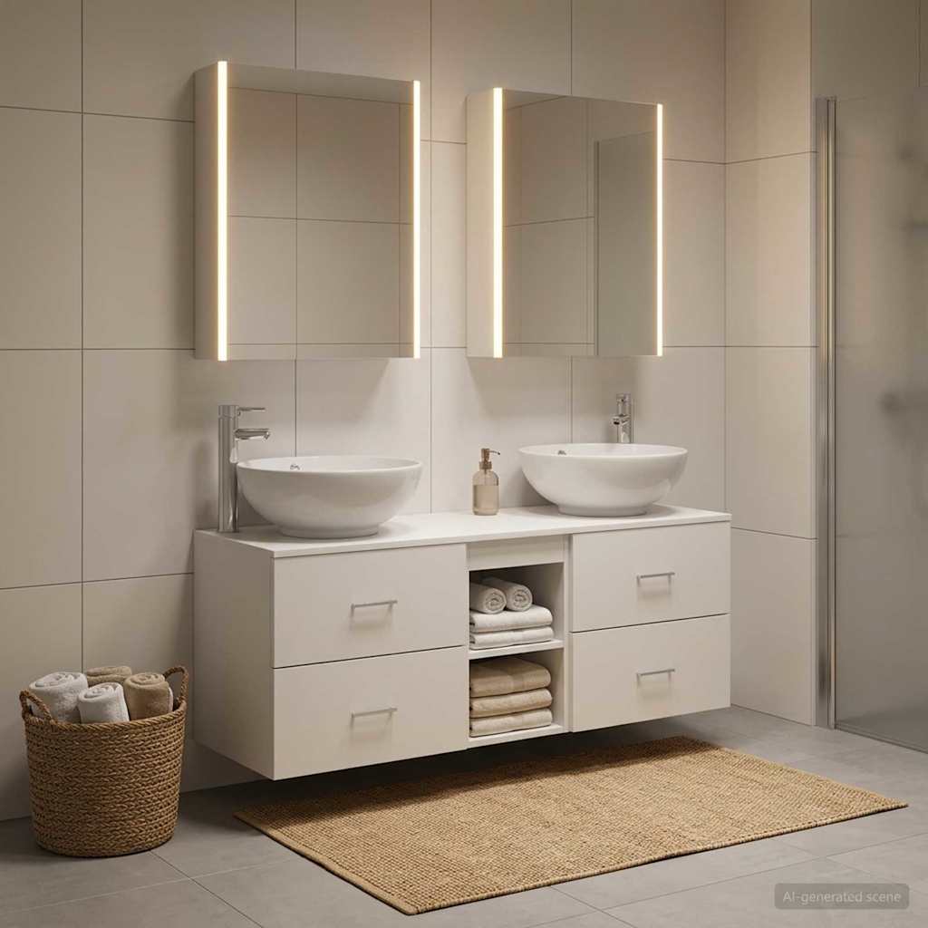 Badezimmermöbel-Set 5 stk. Weiß Ingenieurholz und Glas