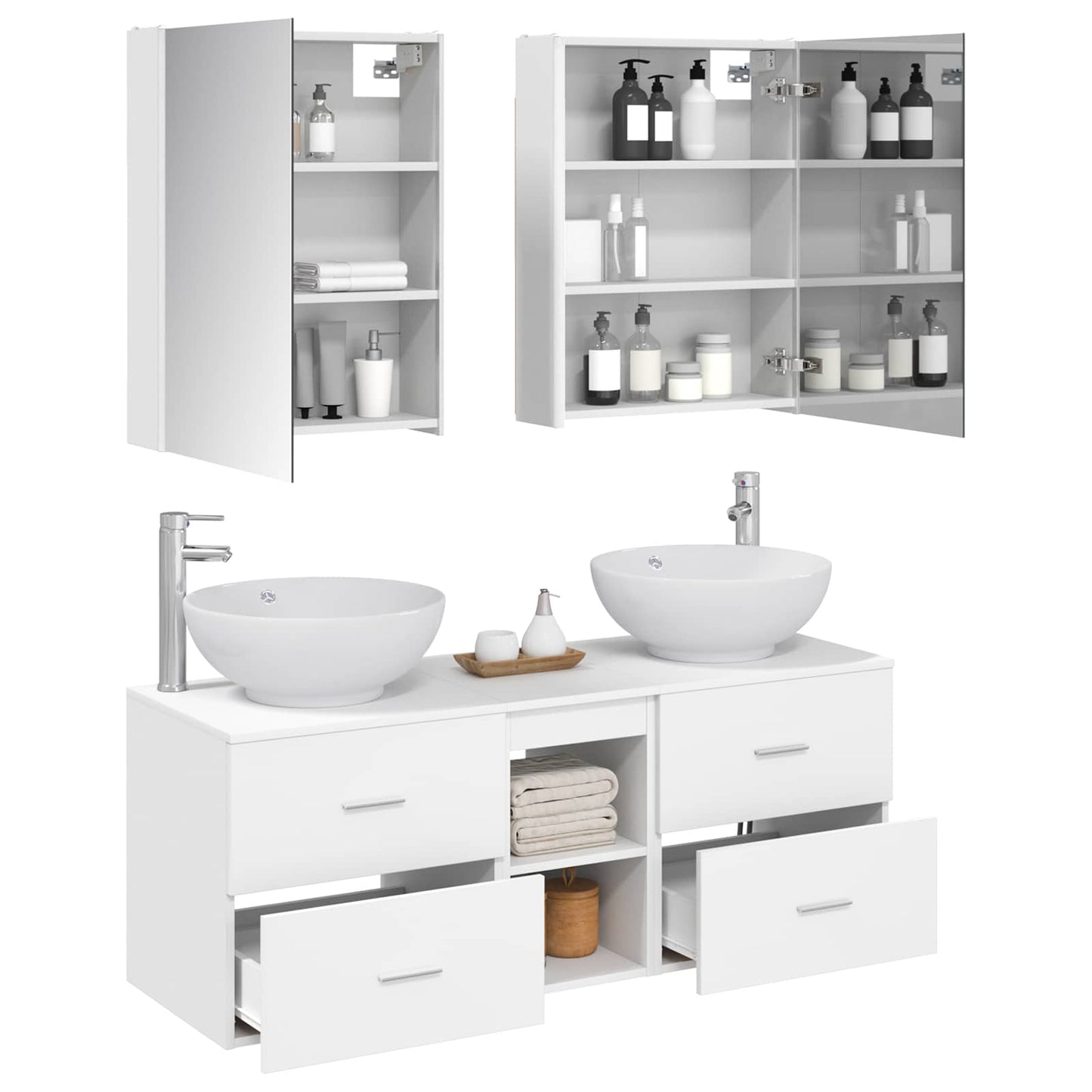 Badezimmermöbel-Set 5 stk. Weiß Ingenieurholz und Glas