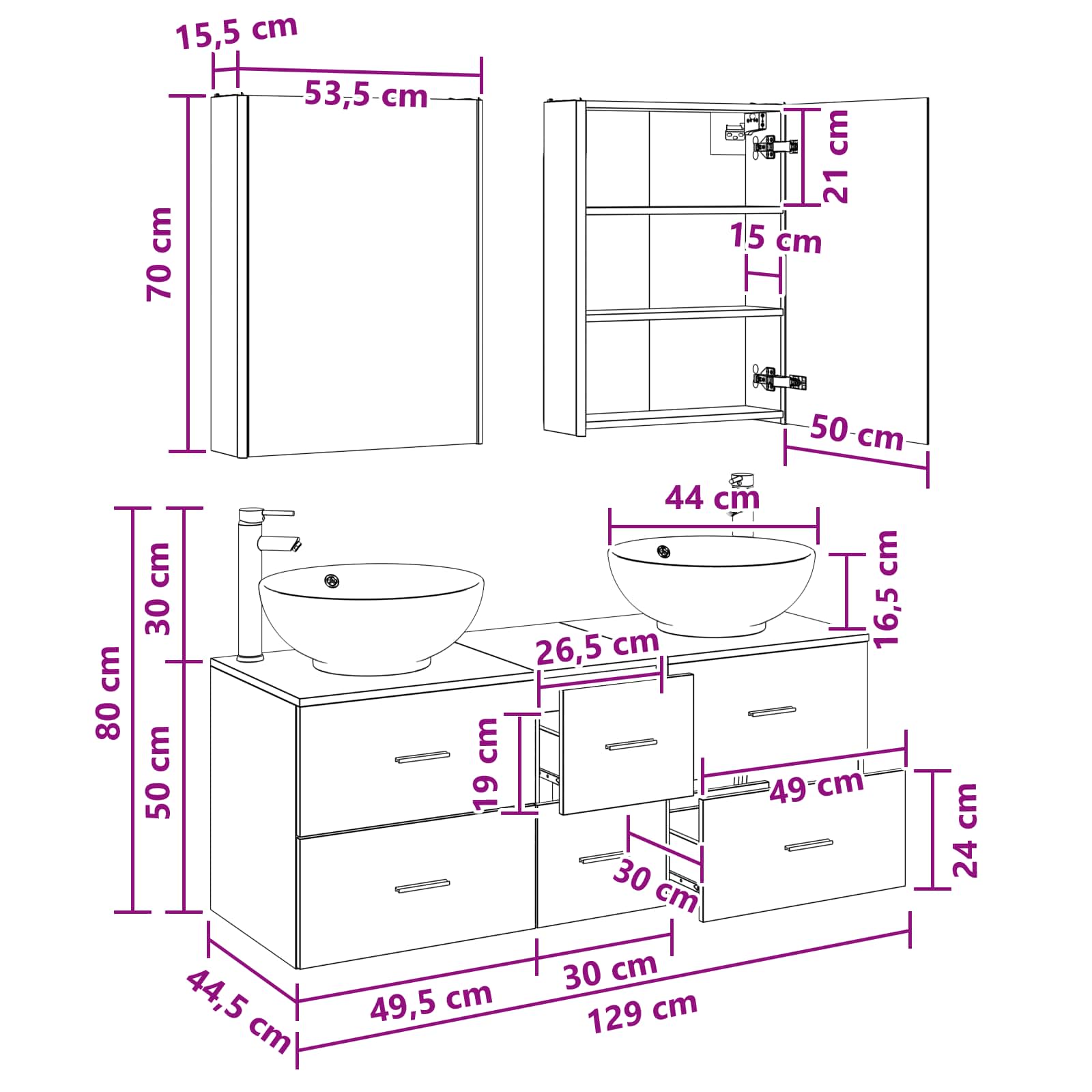 Badezimmermöbel-Set 5 stk. Weiß Ingenieurholz und Glas