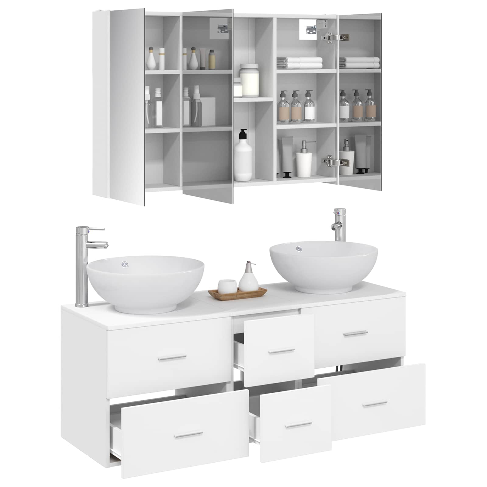 Badezimmermöbel-Set 4 stk. Weiß Ingenieurholz und Glas