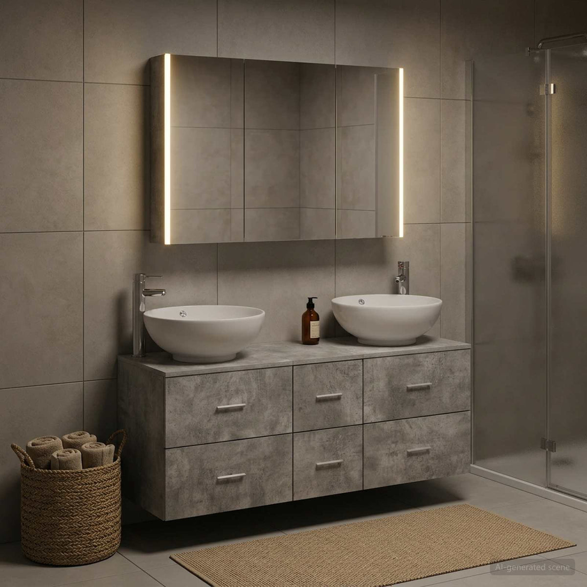 Badezimmermöbel-Set 4 stk. Betongrau Ingenieurholz und Glas