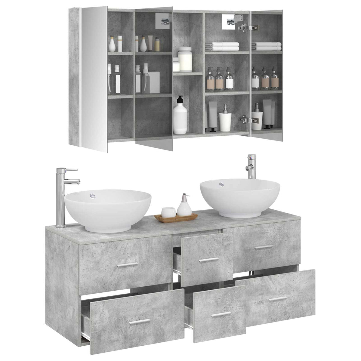 Badezimmermöbel-Set 4 stk. Betongrau Ingenieurholz und Glas