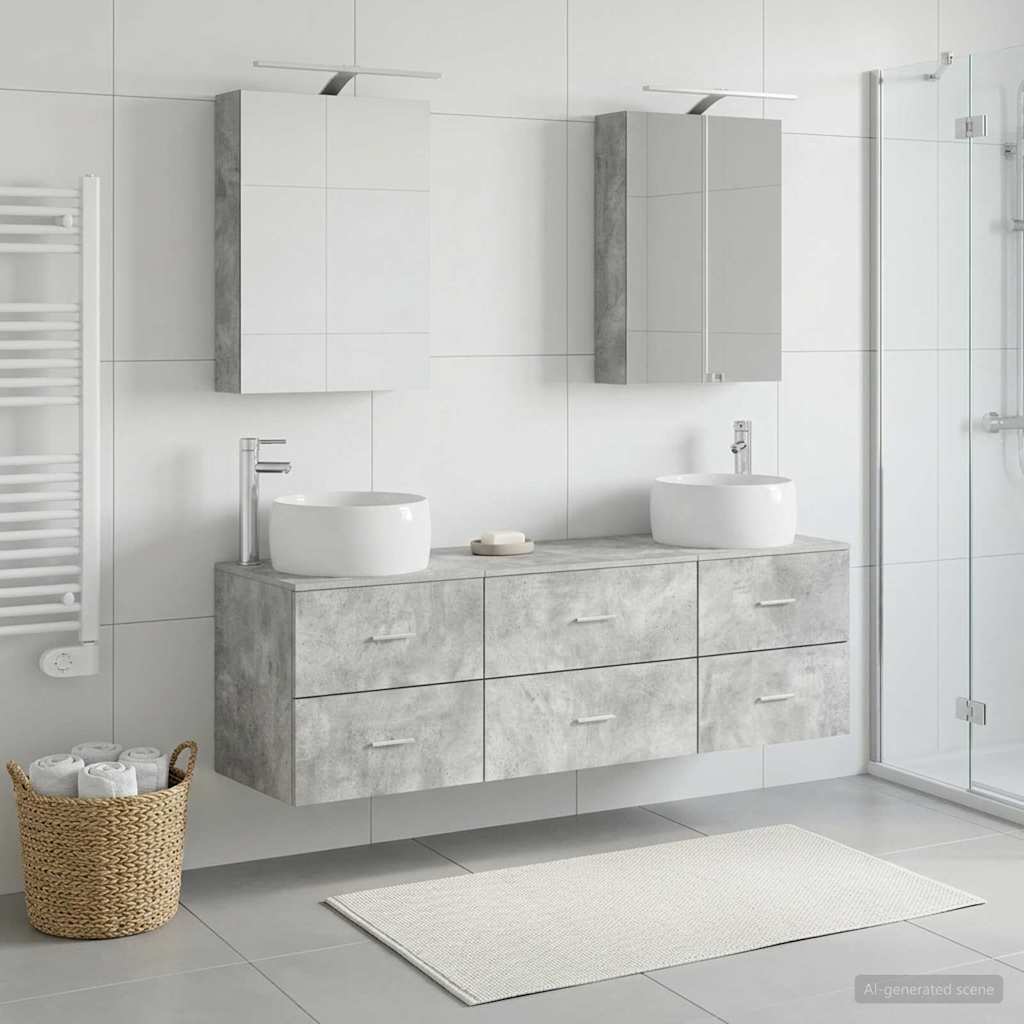Badezimmermöbel-Set 5 stk. Betongrau Ingenieurholz und Glas