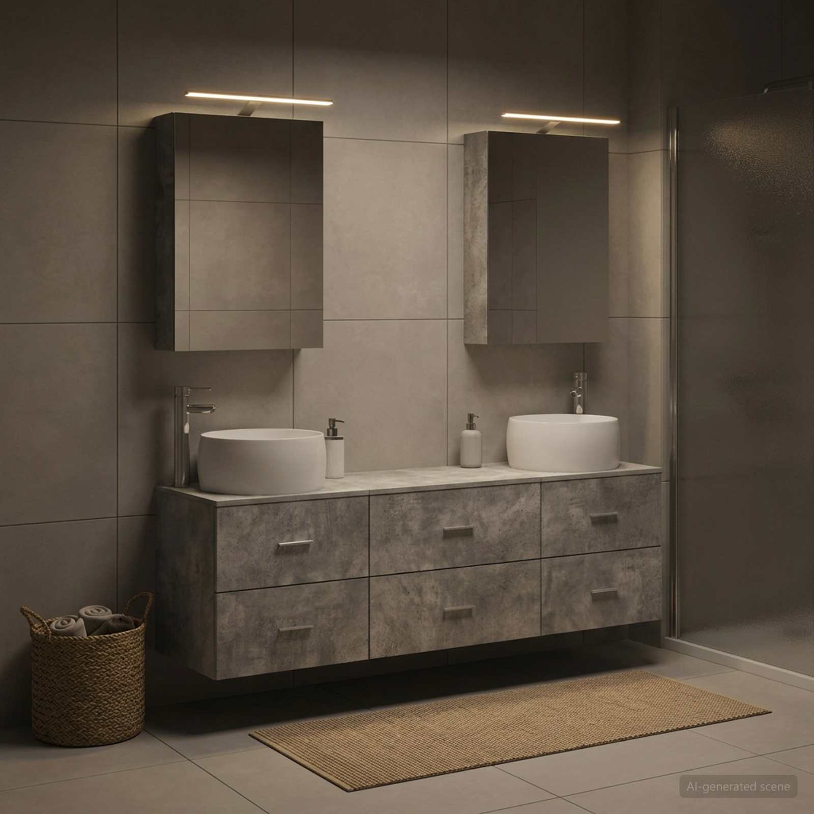 Badezimmermöbel-Set 5 stk. Betongrau Ingenieurholz und Glas