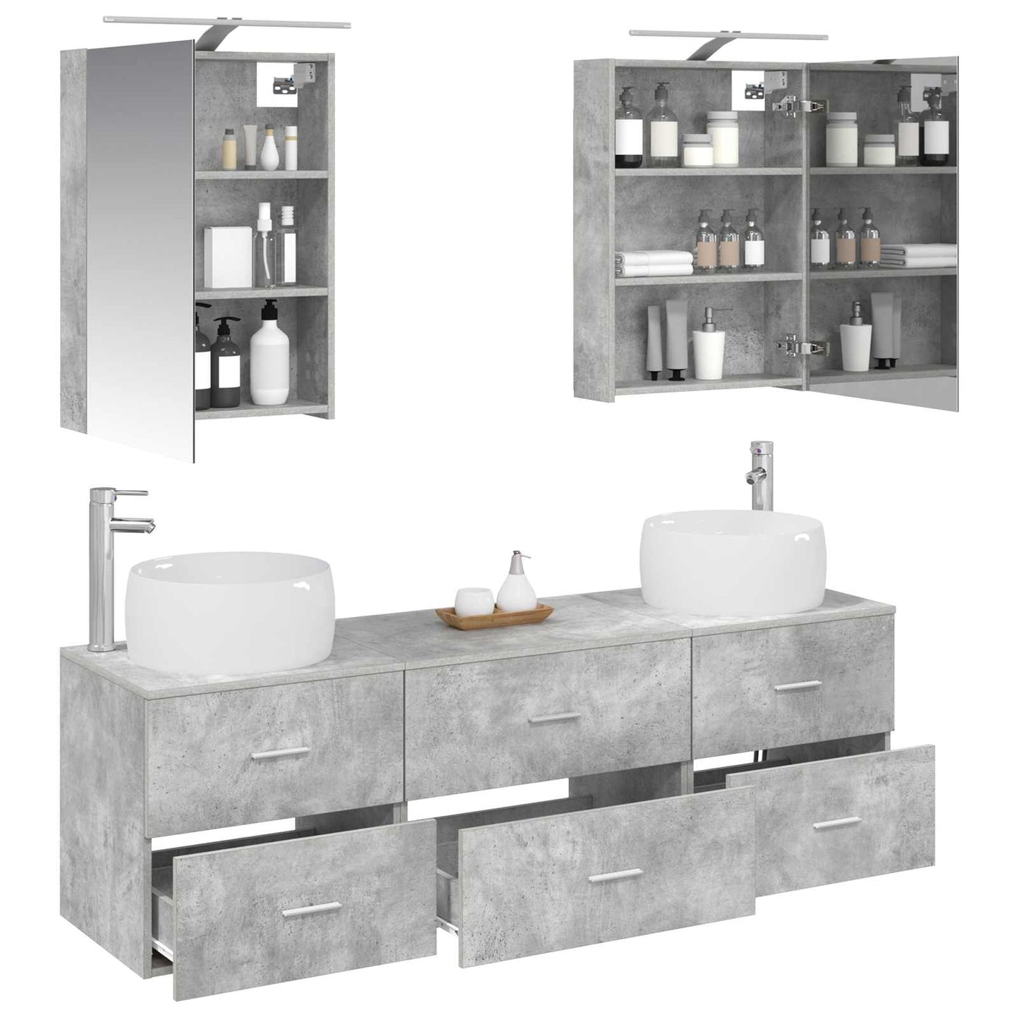 Badezimmermöbel-Set 5 stk. Betongrau Ingenieurholz und Glas