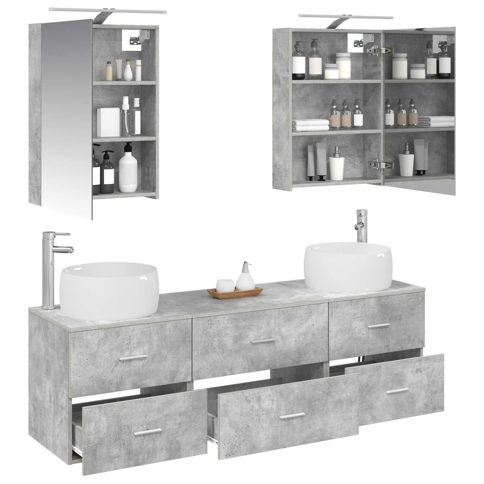 Badezimmermöbel-Set 5 stk. Betongrau Ingenieurholz und Glas