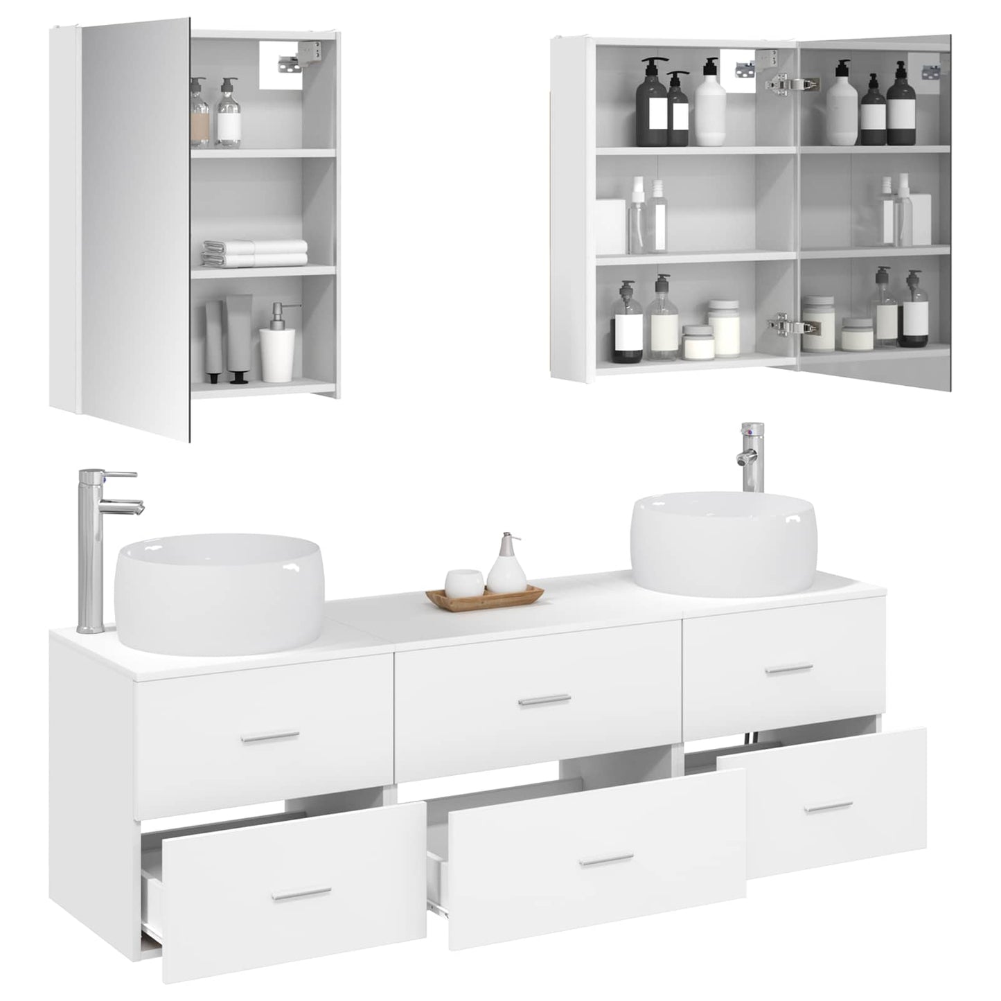 Badezimmermöbel-Set 5 stk. Weiß Ingenieurholz und Glas