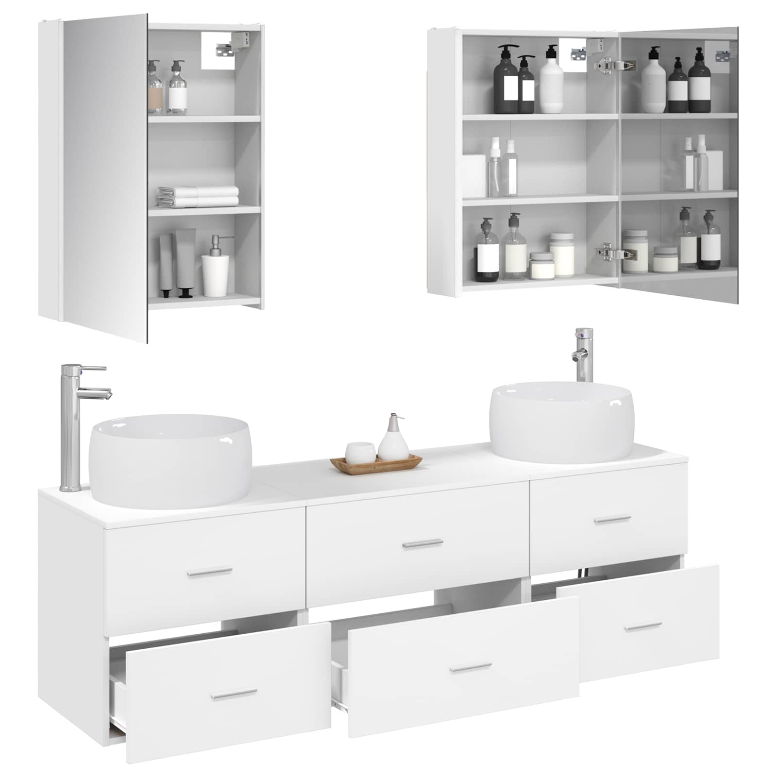 Badezimmermöbel-Set 5 stk. Weiß Ingenieurholz und Glas