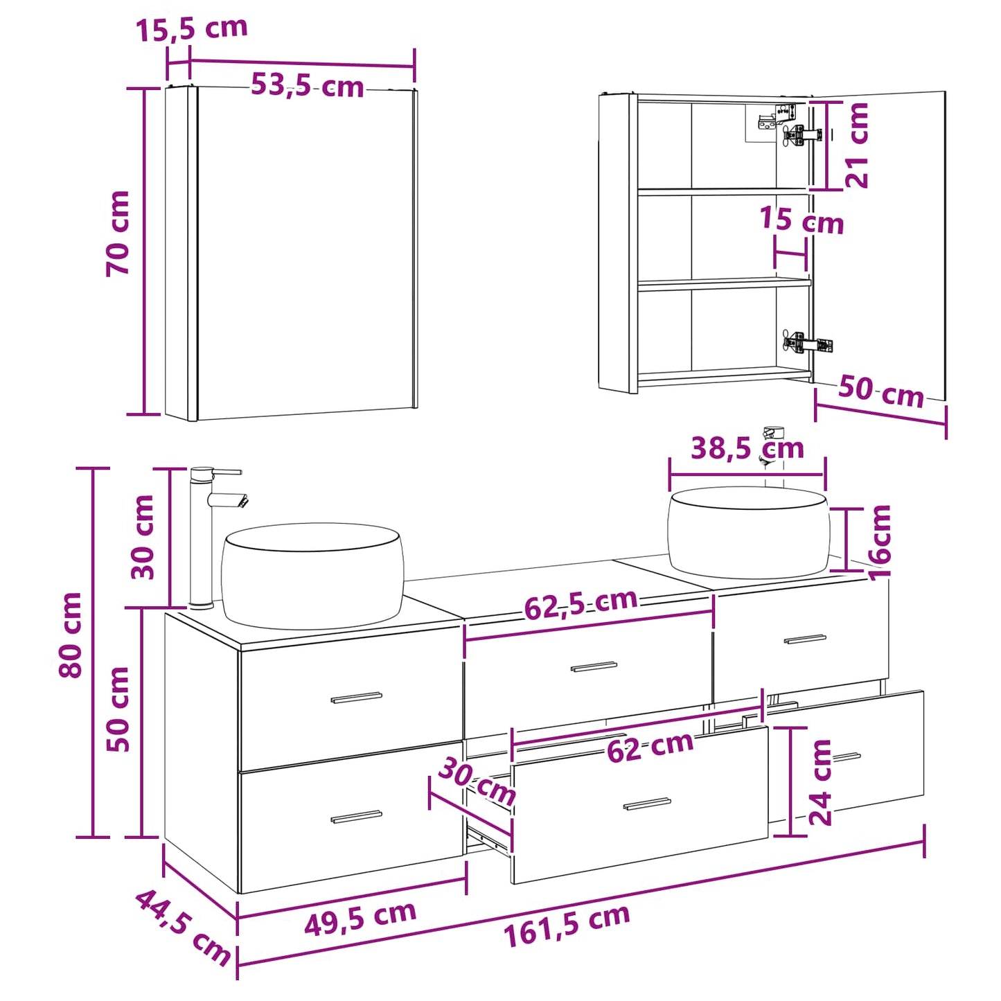 Badezimmermöbel-Set 5 stk. Weiß Ingenieurholz und Glas