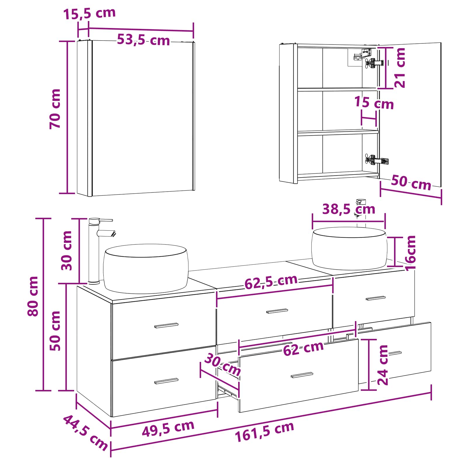 Badezimmermöbel-Set 5 stk. Weiß Ingenieurholz und Glas