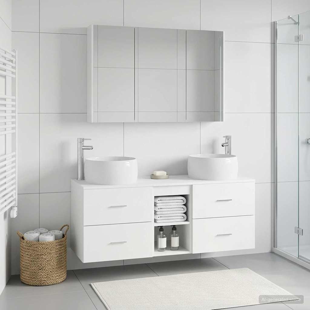 Badezimmermöbel-Set 4 stk. Weiß Ingenieurholz und Glas