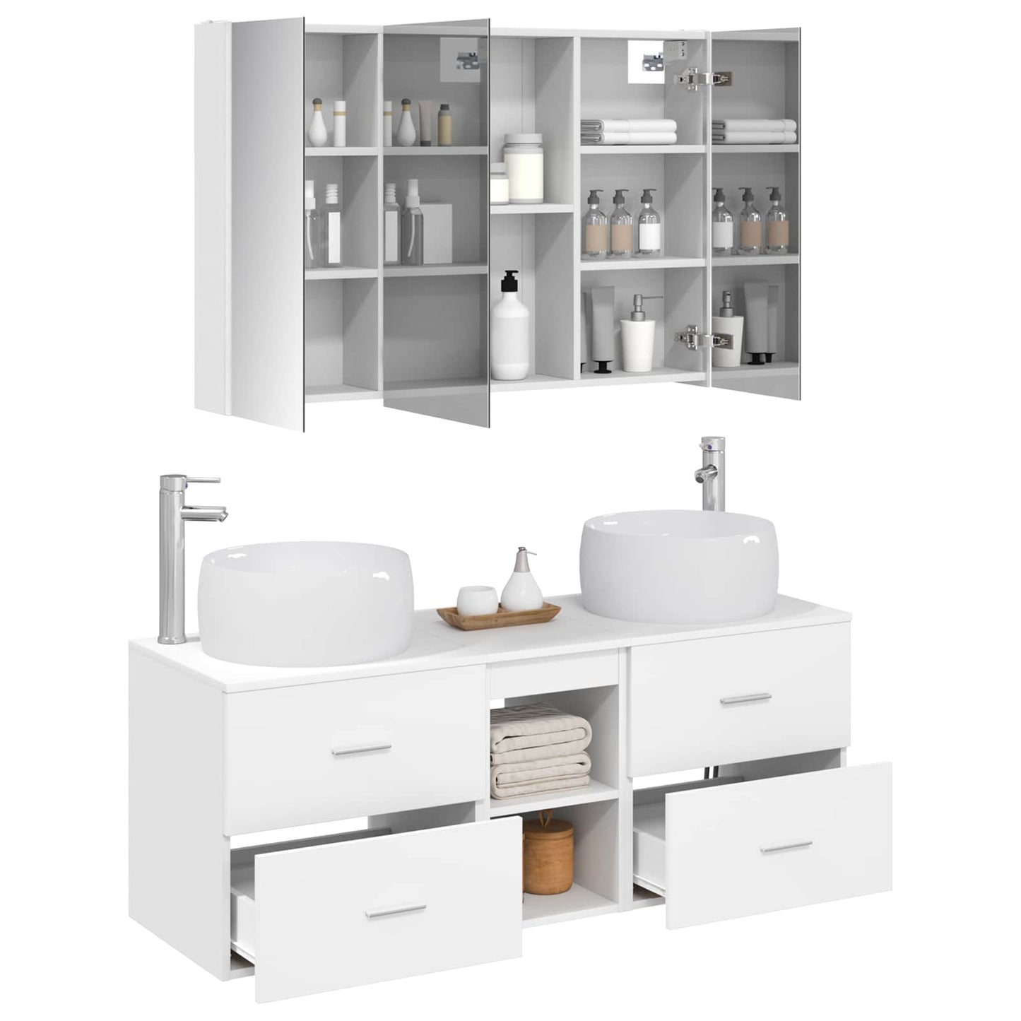 Badezimmermöbel-Set 4 stk. Weiß Ingenieurholz und Glas