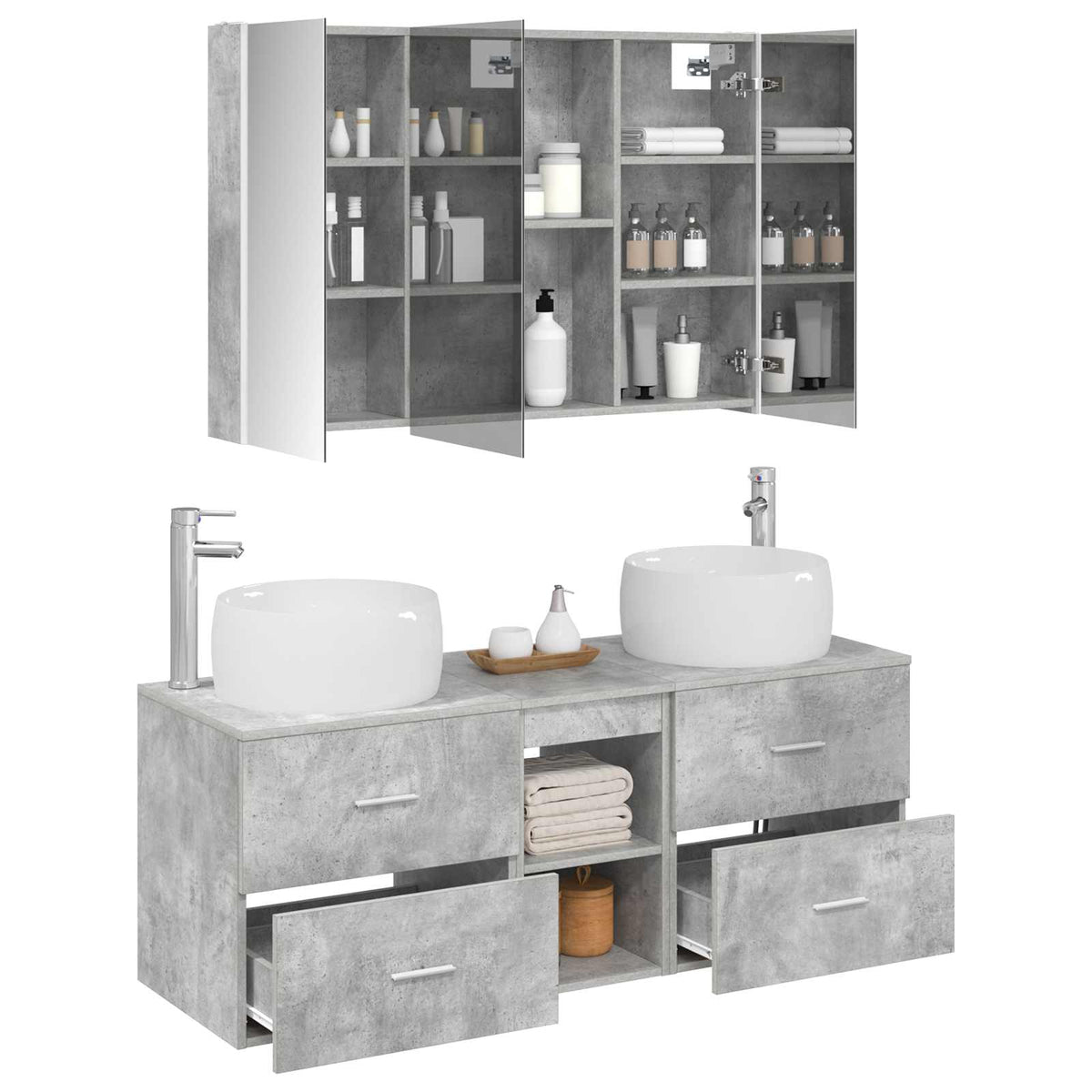 Badezimmermöbel-Set 4 stk. Betongrau Ingenieurholz und Glas