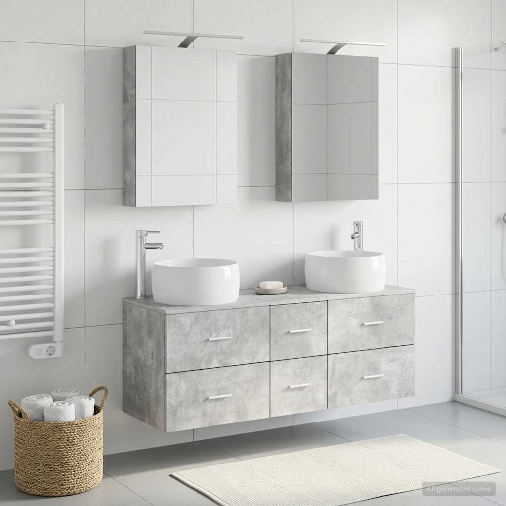Badezimmermöbel-Set 5 stk. Betongrau Ingenieurholz und Glas