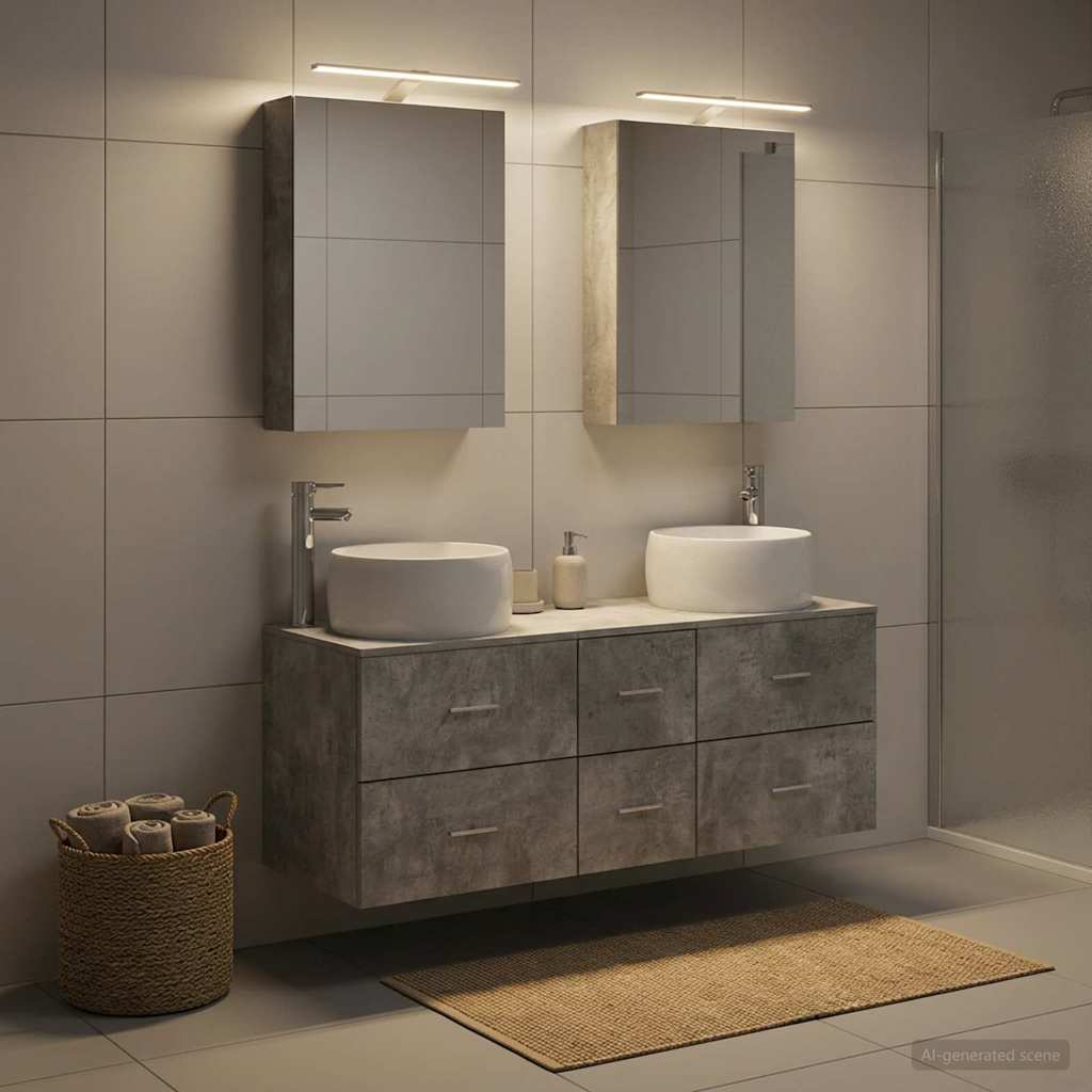 Badezimmermöbel-Set 5 stk. Betongrau Ingenieurholz und Glas