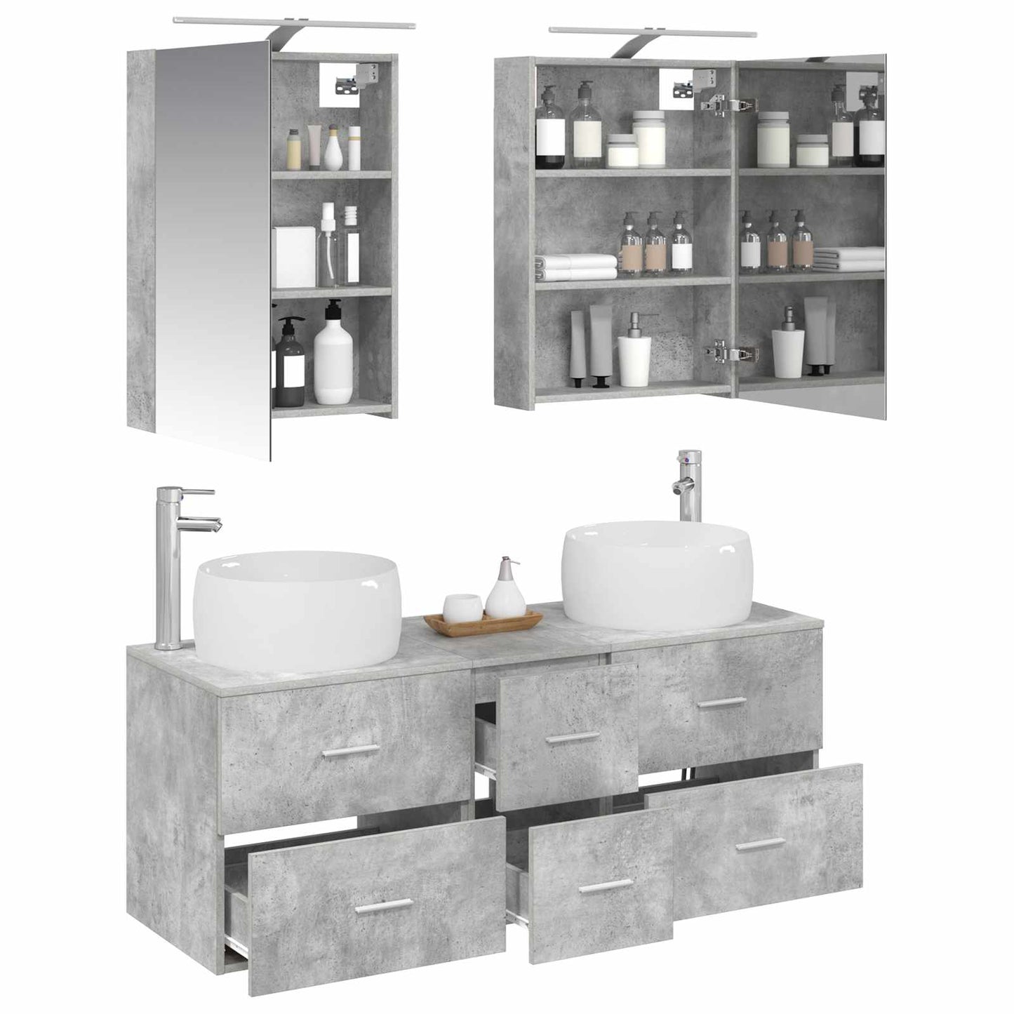 Badezimmermöbel-Set 5 stk. Betongrau Ingenieurholz und Glas