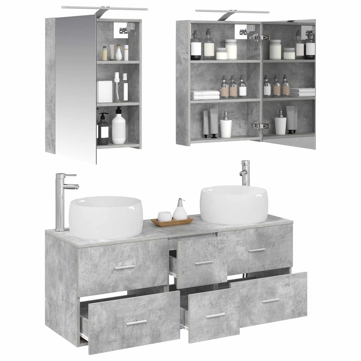 Badezimmermöbel-Set 5 stk. Betongrau Ingenieurholz und Glas