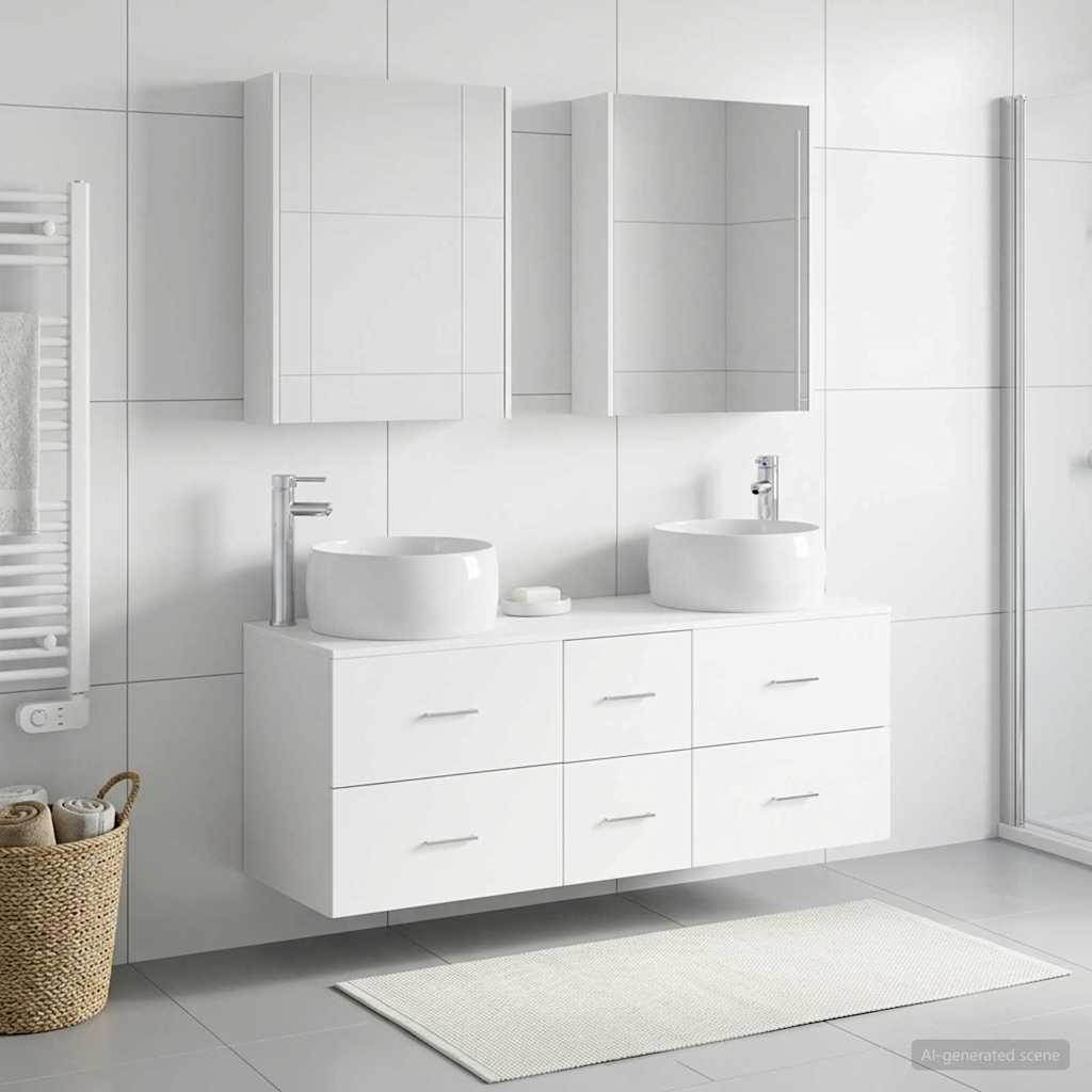 Badezimmermöbel-Set 5 stk. Weiß Ingenieurholz und Glas