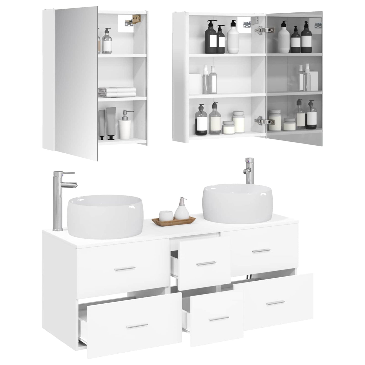 Badezimmermöbel-Set 5 stk. Weiß Ingenieurholz und Glas