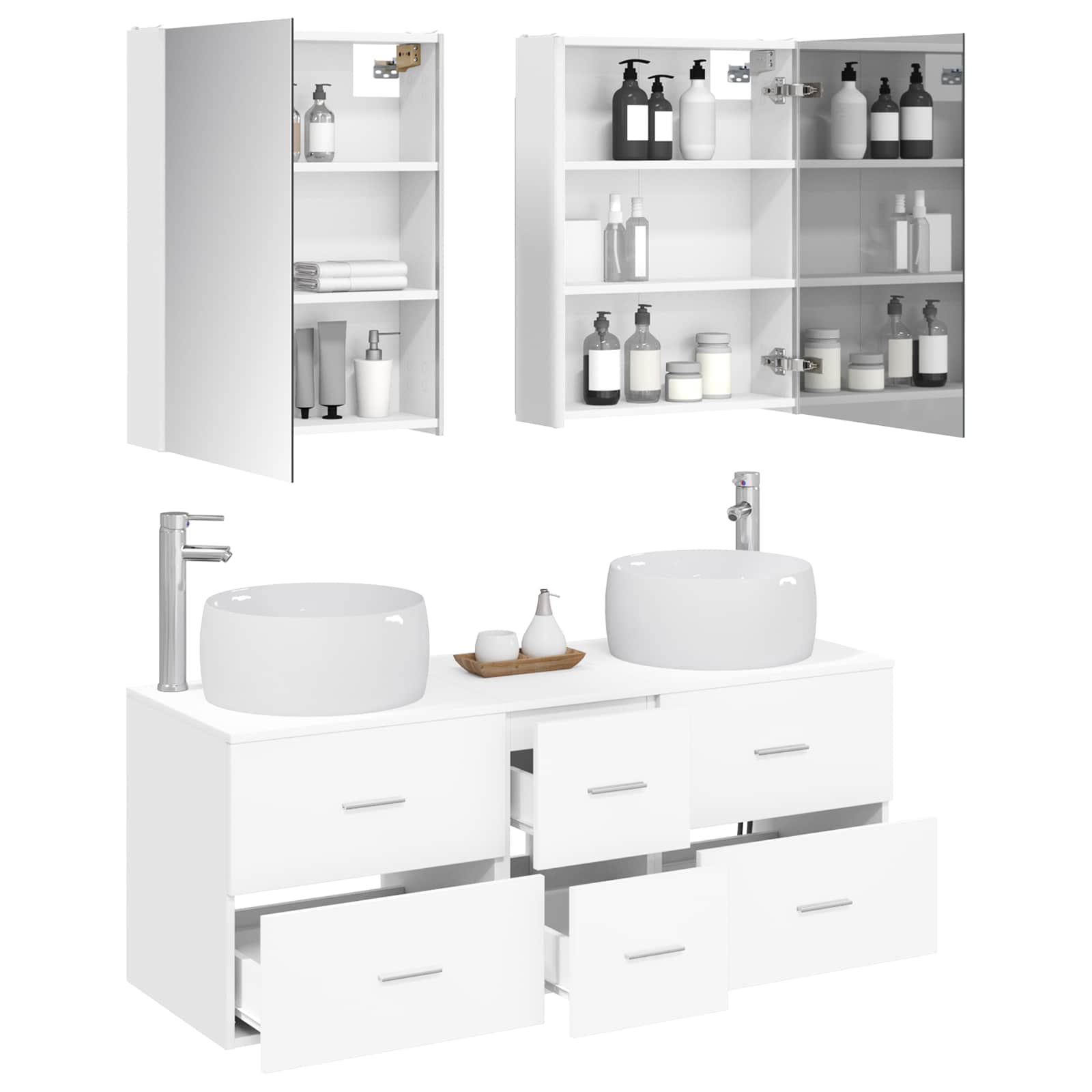 Badezimmermöbel-Set 5 stk. Weiß Ingenieurholz und Glas