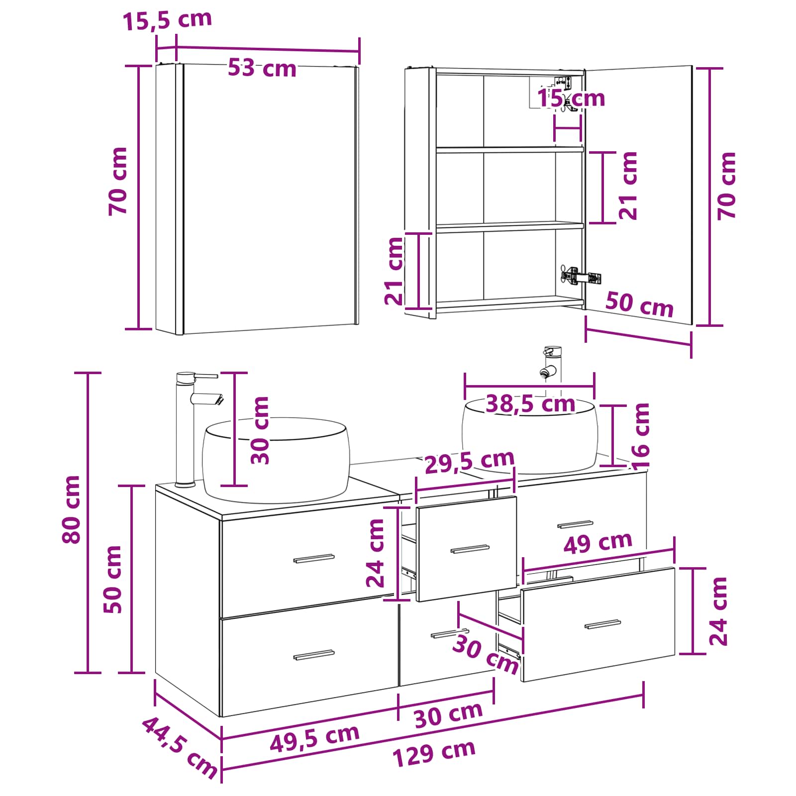 Badezimmermöbel-Set 5 stk. Weiß Ingenieurholz und Glas