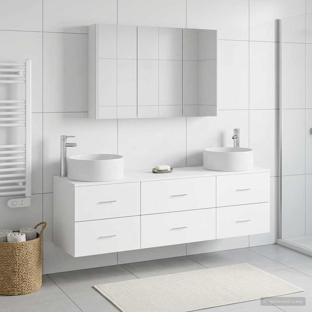 Badezimmermöbel-Set 4 stk. Weiß Ingenieurholz und Glas