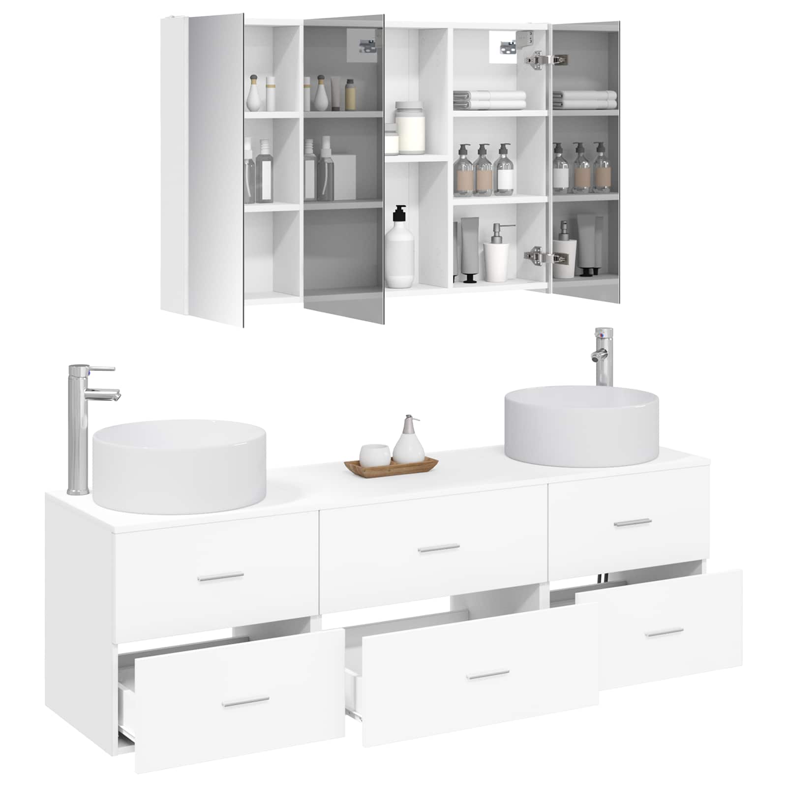 Badezimmermöbel-Set 4 stk. Weiß Ingenieurholz und Glas