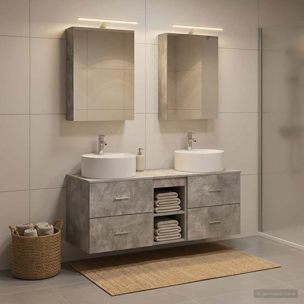 Badezimmermöbel-Set 5 stk. Betongrau Ingenieurholz und Glas