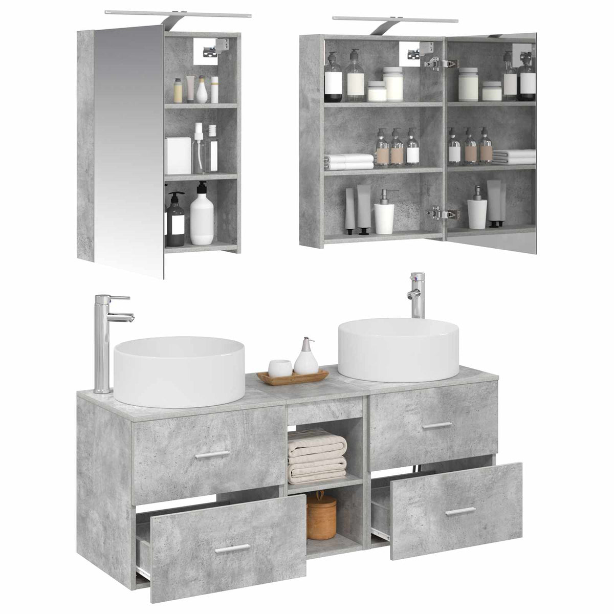 Badezimmermöbel-Set 5 stk. Betongrau Ingenieurholz und Glas