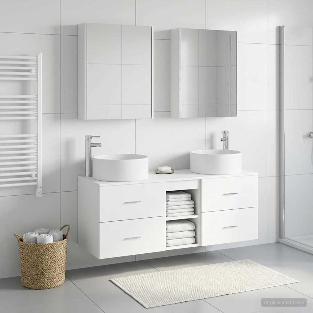 Badezimmermöbel-Set 5 stk. Weiß Ingenieurholz und Glas