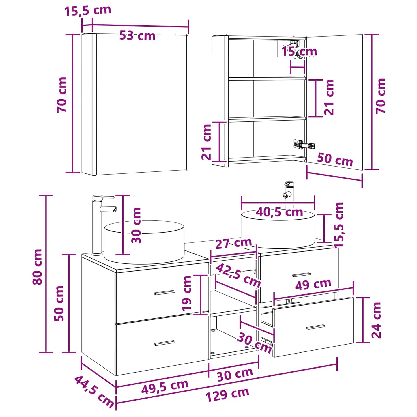 Badezimmermöbel-Set 5 stk. Weiß Ingenieurholz und Glas