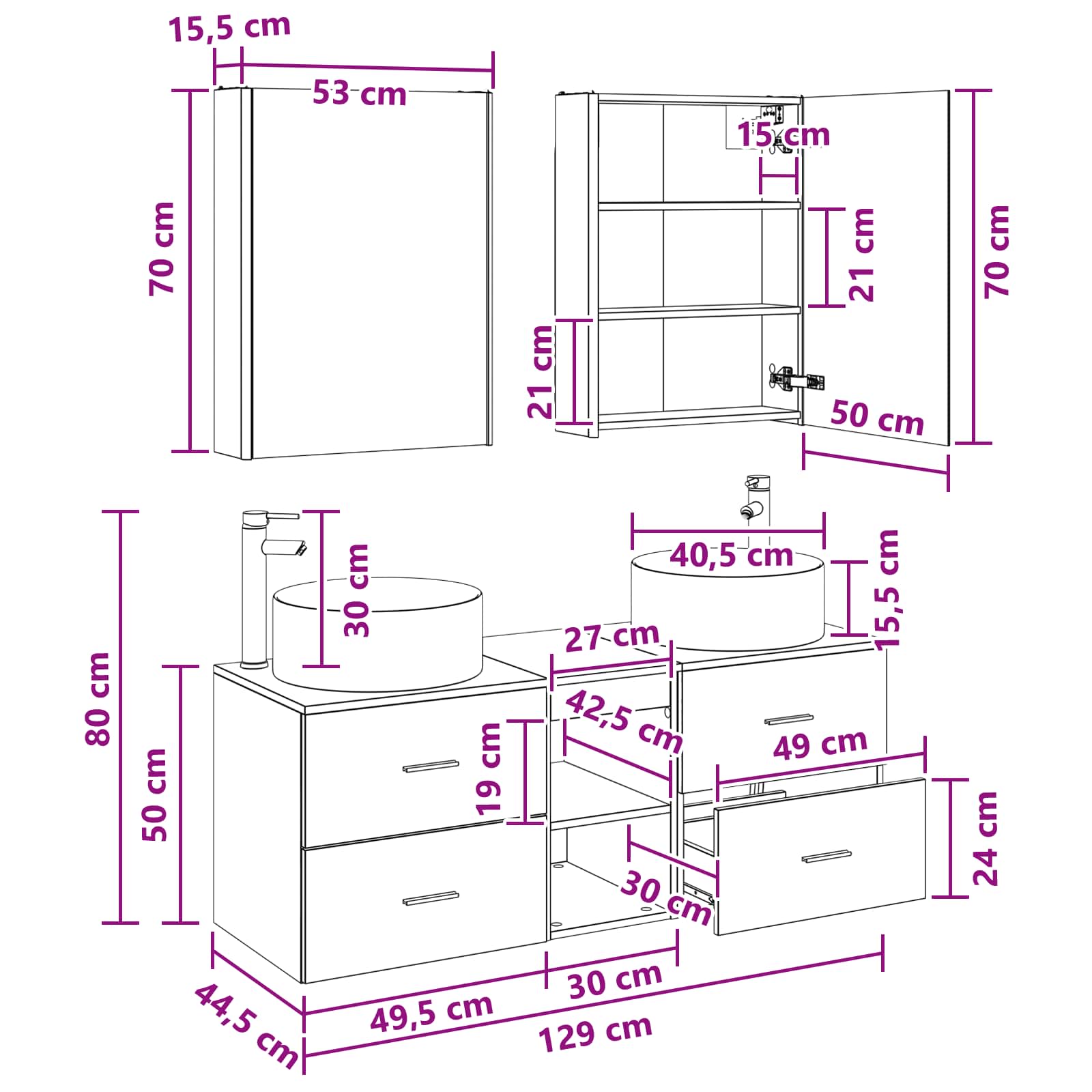 Badezimmermöbel-Set 5 stk. Weiß Ingenieurholz und Glas