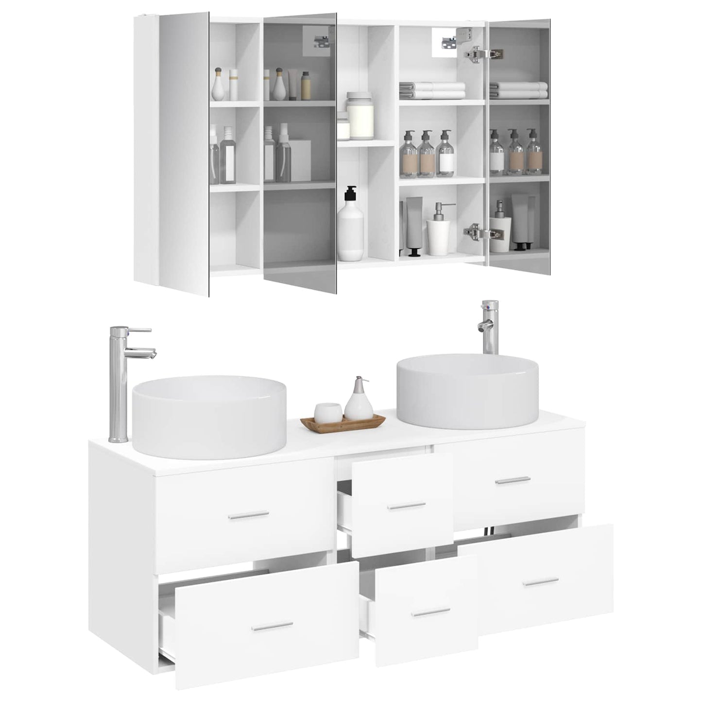 Badezimmermöbel-Set 4 stk. Weiß Ingenieurholz und Glas
