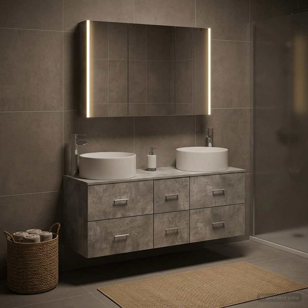 Badezimmermöbel-Set 4 stk. Betongrau Ingenieurholz und Glas