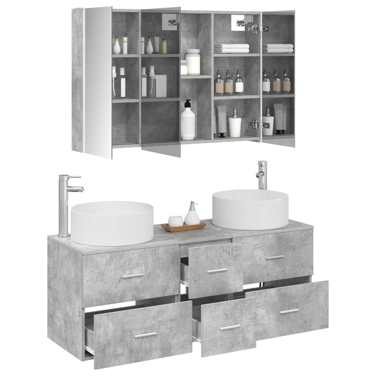 Badezimmermöbel-Set 4 stk. Betongrau Ingenieurholz und Glas