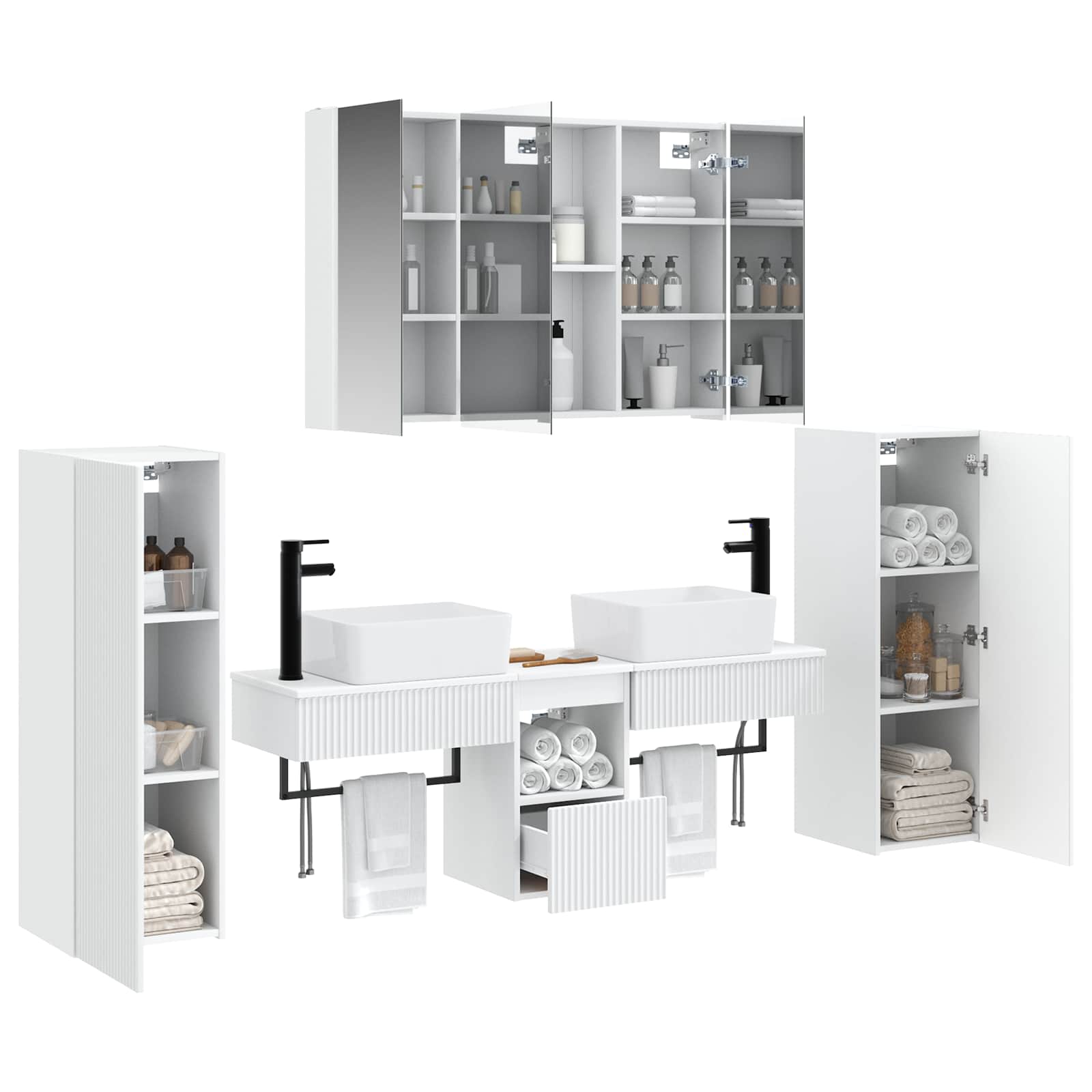 Badezimmermöbel-Set 6 stk. Weiß Ingenieurholz und Glas