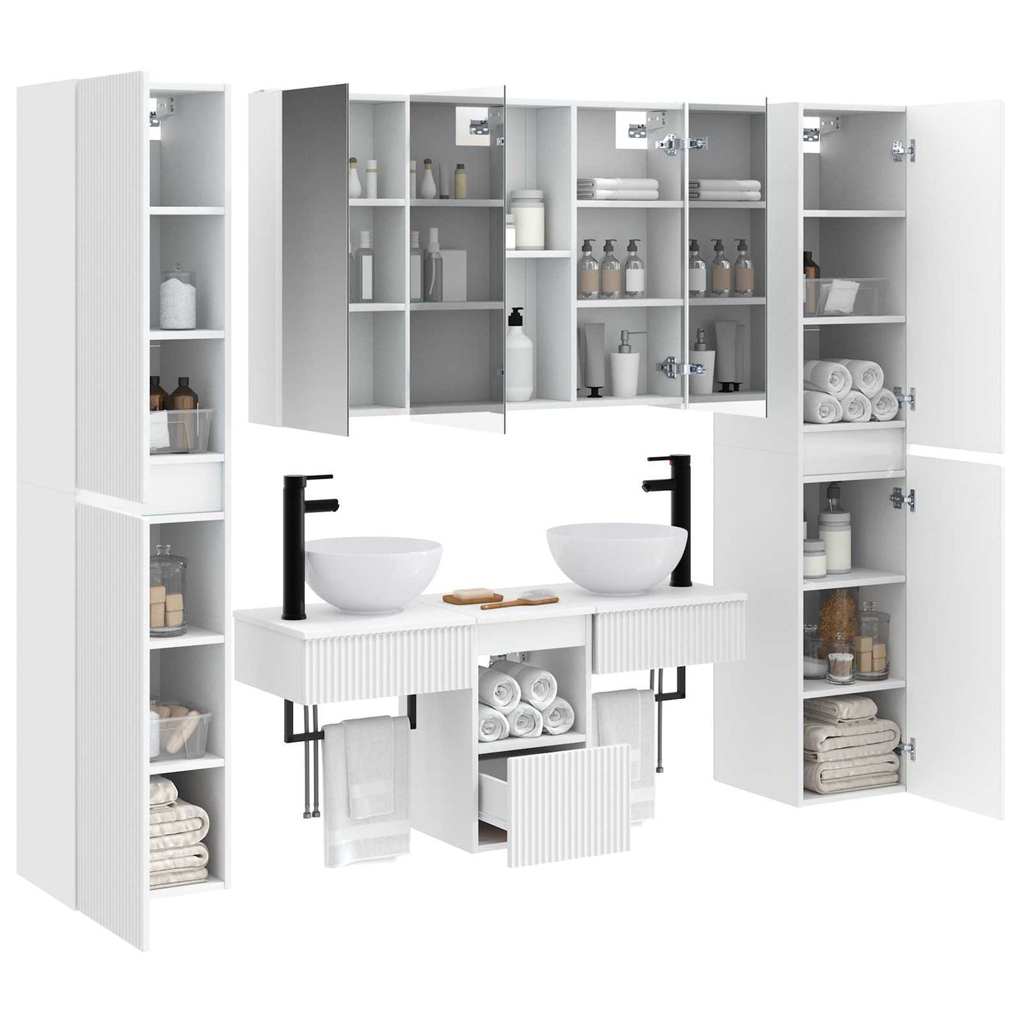 Badezimmermöbel-Set 6 stk. Weiß Ingenieurholz und Glas