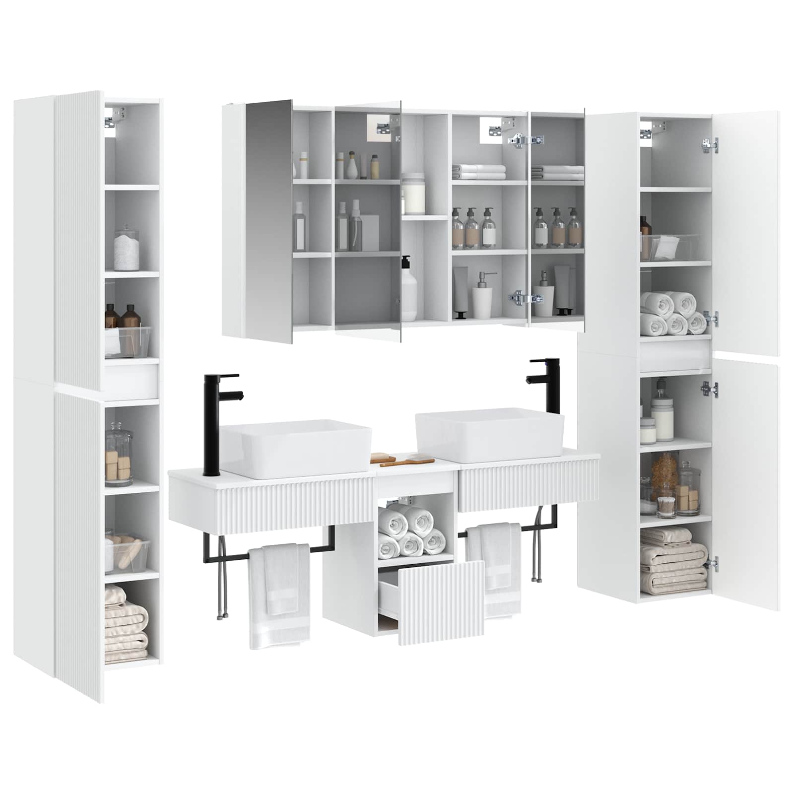 Badezimmermöbel-Set 6 stk. Weiß Ingenieurholz und Glas